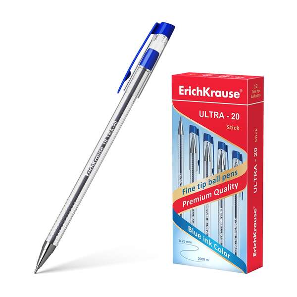 Erichkrause boligrafo ultra-20 - punta metalica de tipo aguja - cuerpo redondo transparente con grip - tinta de baja viscosidad - color azul (12 uds)