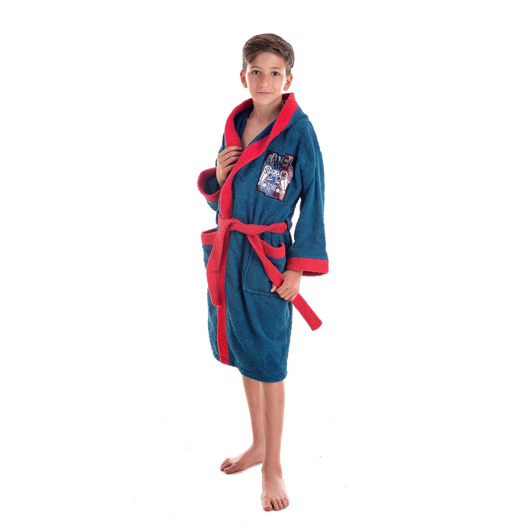 Albornoz de Niño 100% Algodón con Capucha y Bordado - Tallas 10-12 y 14 - Color Azul - Marca Stilia