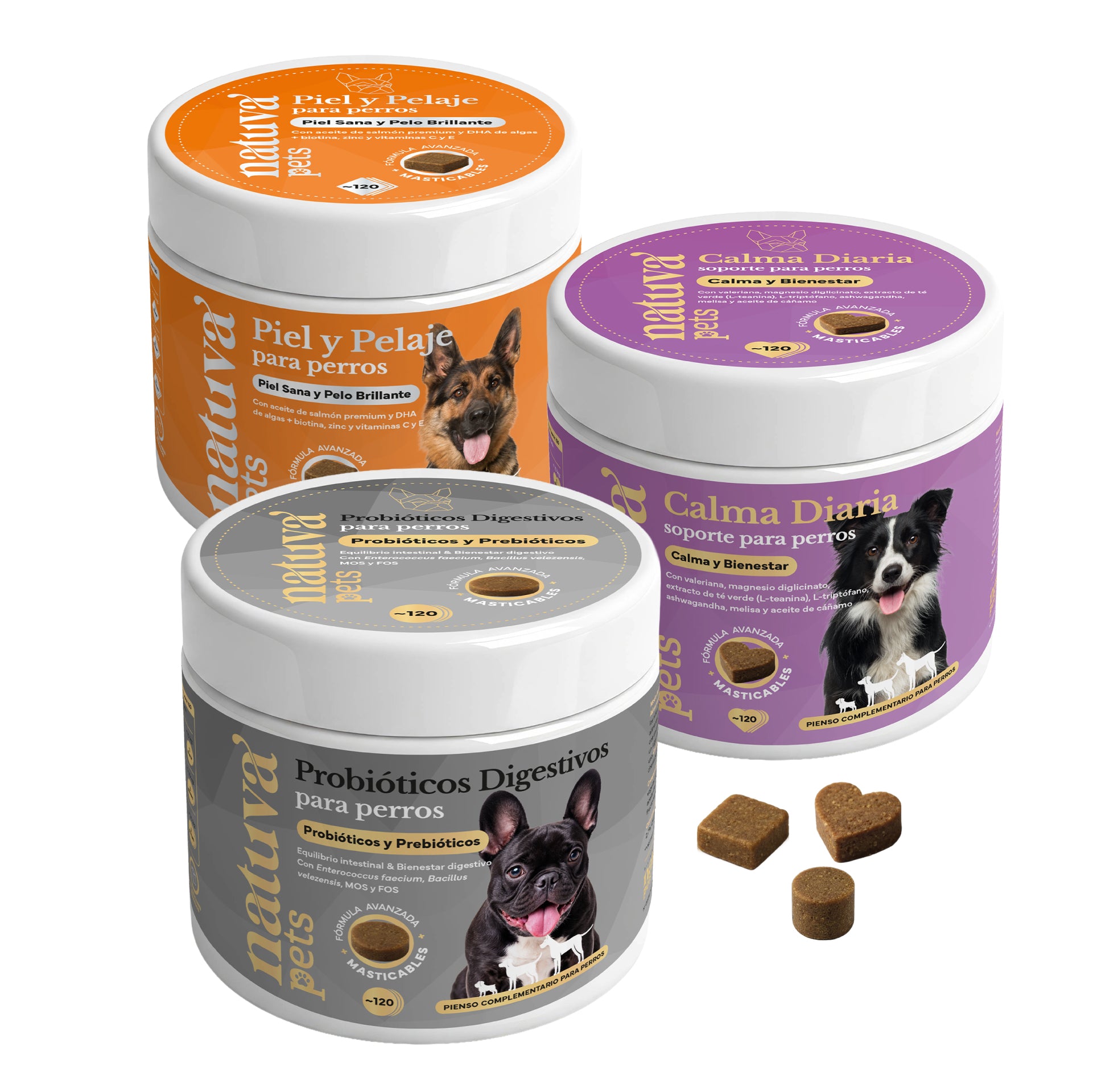 Probiótico, Calma y Piel y Pelaje para Perros – Pack Natuva Pets (360 Masticables) – Rutina de Cuidado Diario – Con Omega 3 y L-Triptófano