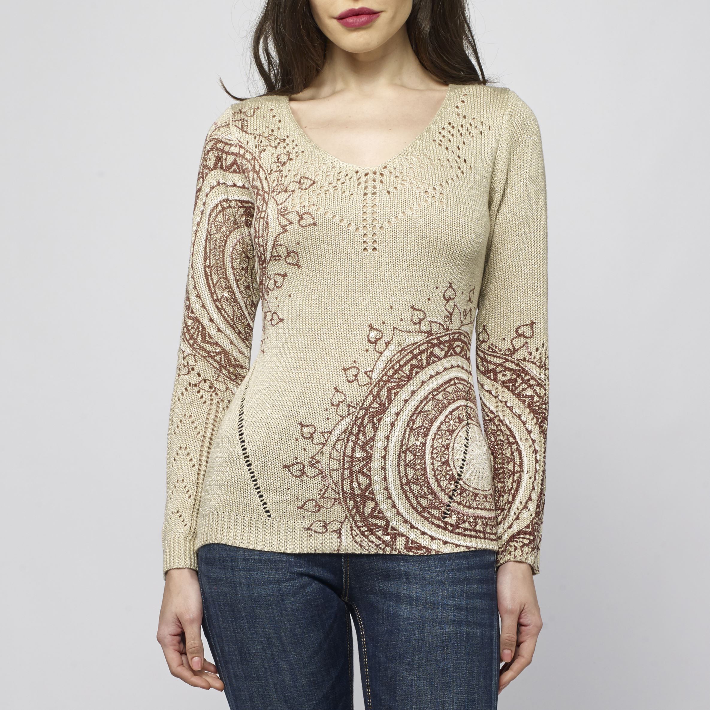 Koroshi - Jersey de punto para mujer con cuello pico y estampado mandala, diseño entallado en tono camel con detalles calados pointelle ideal para looks boho