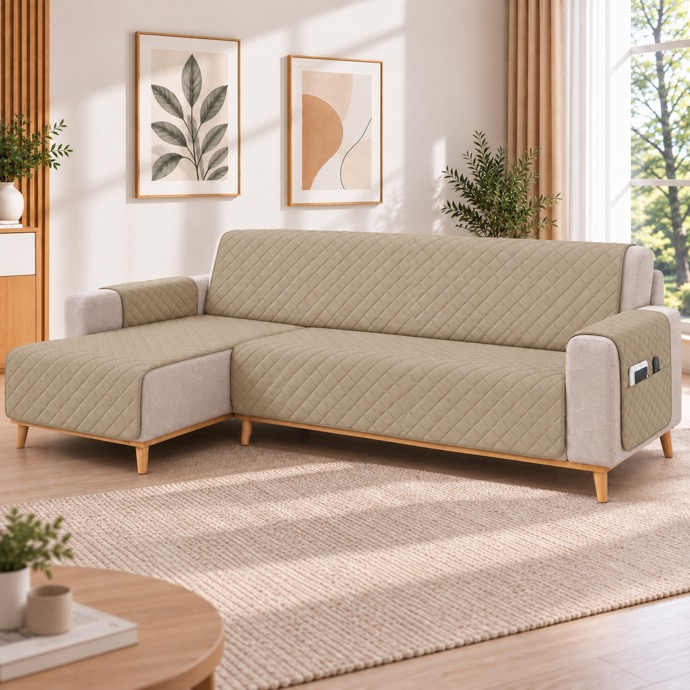 Kynley Protector de Sofá Chaise Longue Acolchado, Funda Cubre Sofá Antideslizante Lavable con Bolsillo, Protector para Mascotas, Chaise Izquierda/Derecha, 2M/2,4M/2,8M