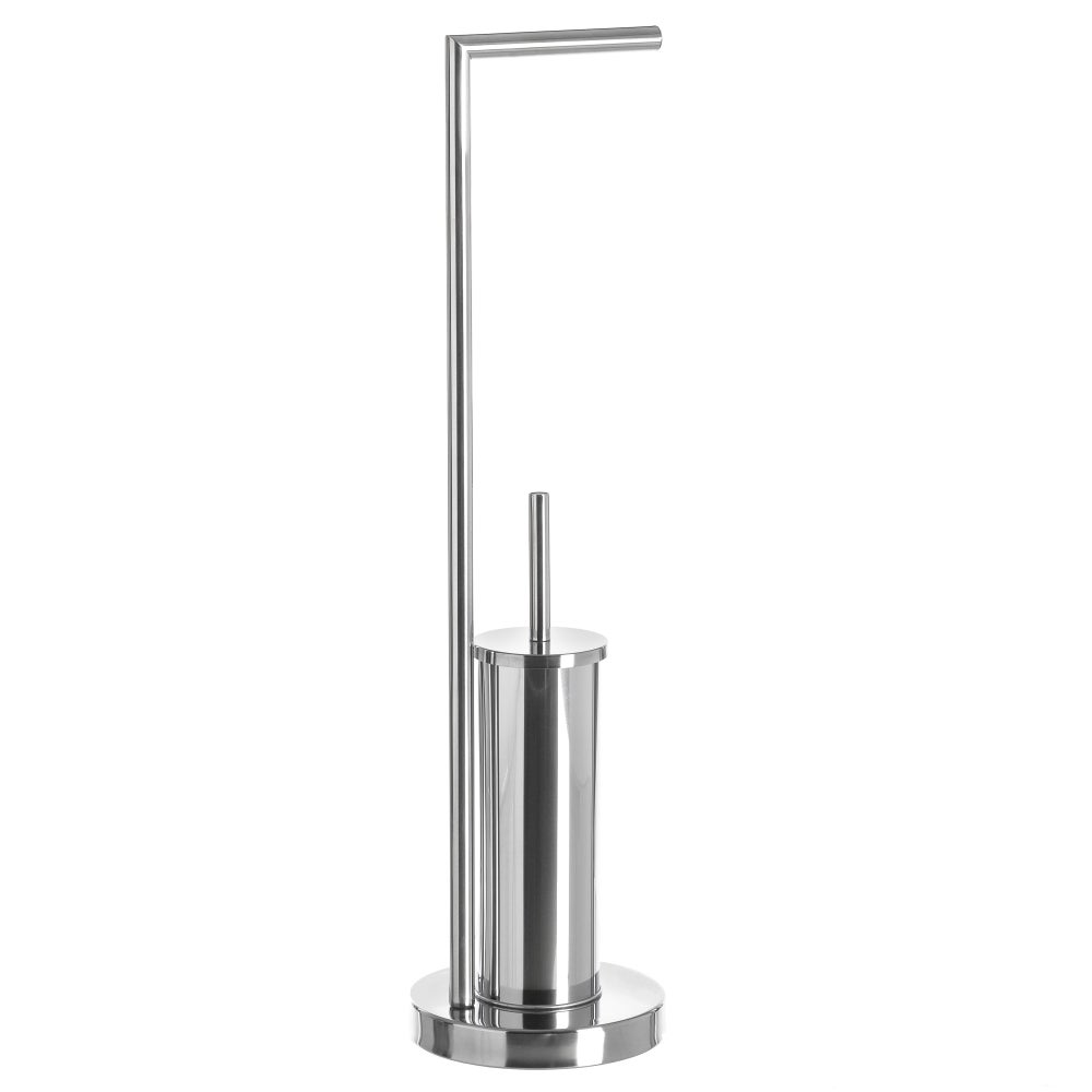 Portarrollos redondo de acero inoxidable con escobilla plateada de 74cm Soporte de pie para papel higiénico y escobillero sin taladro. Muy cómodo y moderno. CasaSelección