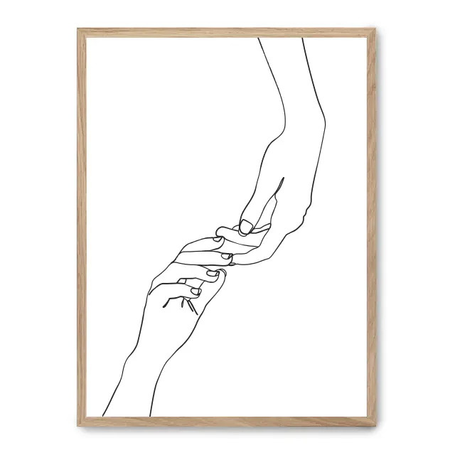Cuadro hands line art i 30x40cm, Póster impreso en papel de primera calidad de 180gr, montado sobre marco de madera MDF acabado roble., Arte - Dibujo de línea