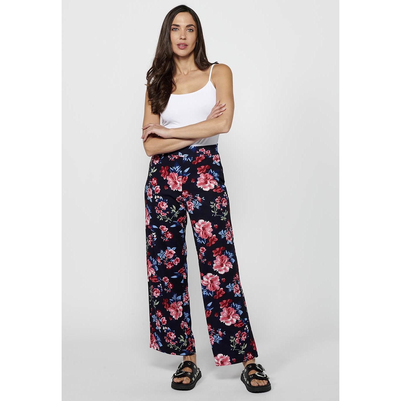 Koroshi - Pantalón holgado estampado floral para mujer de 100% viscosa, cintura elástica y fondo navy