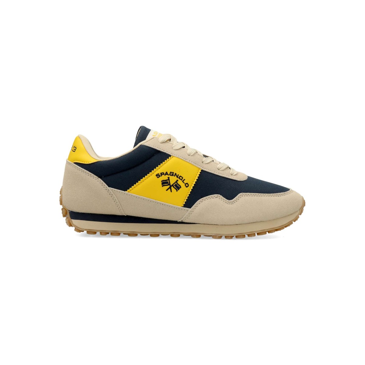 Spagnolo - Zapatillas deportivas vintage hombre Sneakers cómodas de piel sintética y textil con mediasuela EVA y suela de goma, color marino-amarillo