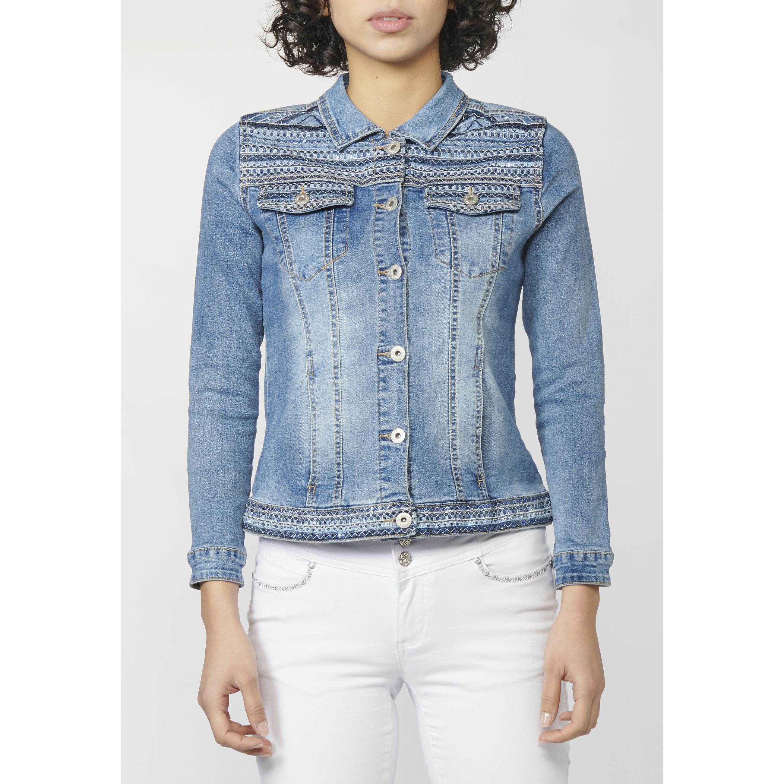 Koroshi - Cazadora denim mujer con bordados étnicos delanteros, 97% algodón y 3% elastano, azul oscuro para street style y entretiempo