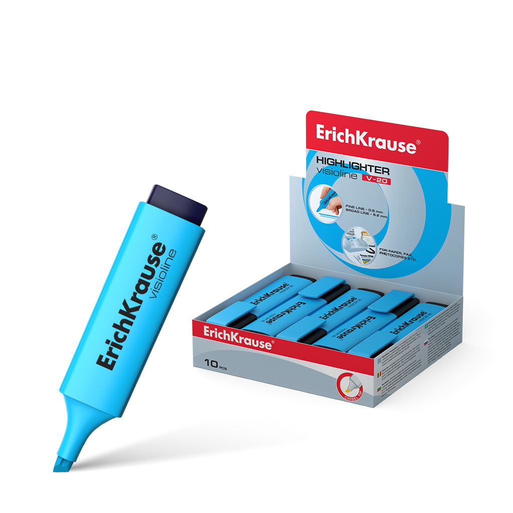 Erichkrause Visioline V-20 - 10 unidades - Marcador de Texto - Punta Biselada - Tinta Fluorescente a Base de Agua - Color Azul