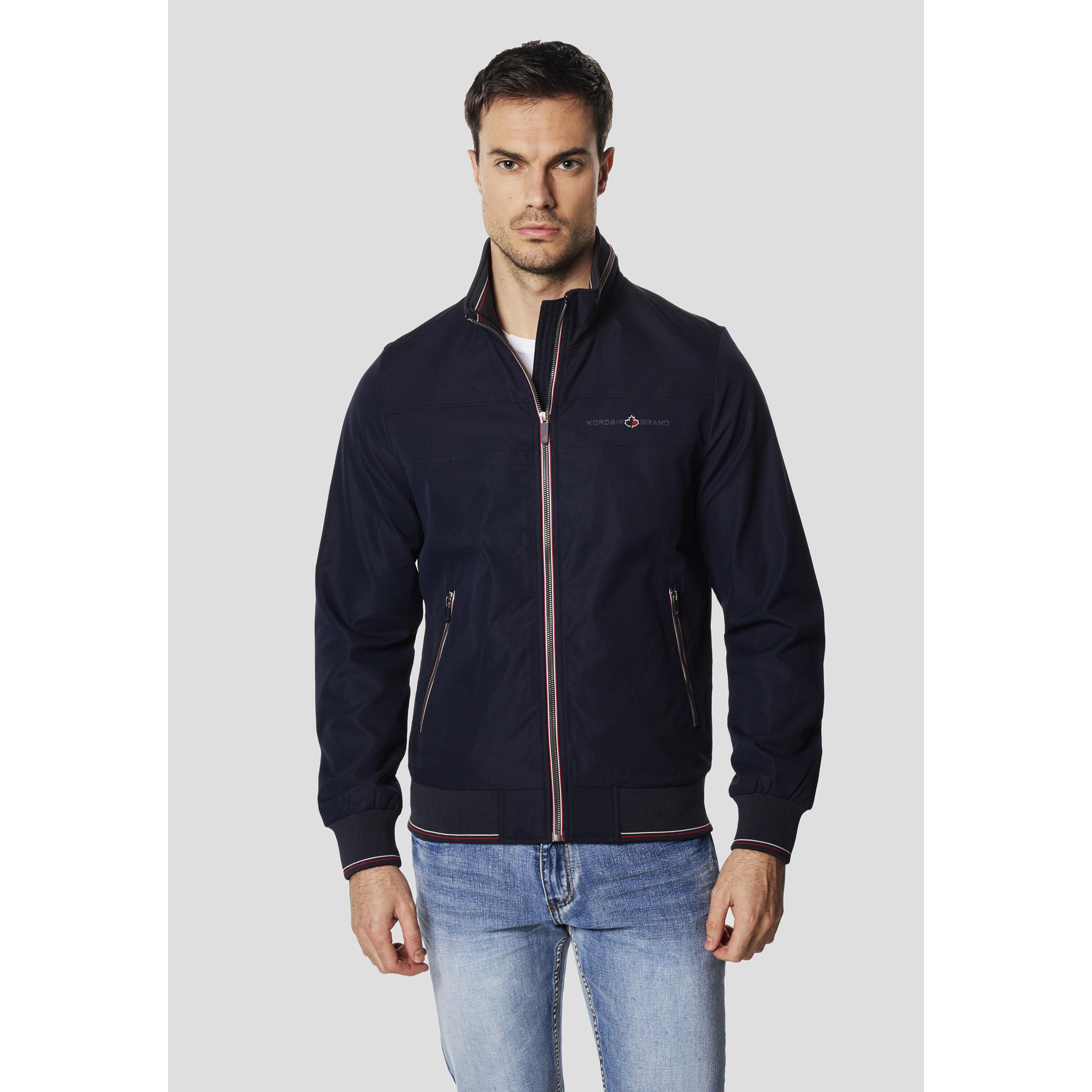 Koroshi - Chaqueta cazadora ligera cuello alto para hombre de poliéster, con ribetes tricolor y remates elásticos de canalé en navy y piedra