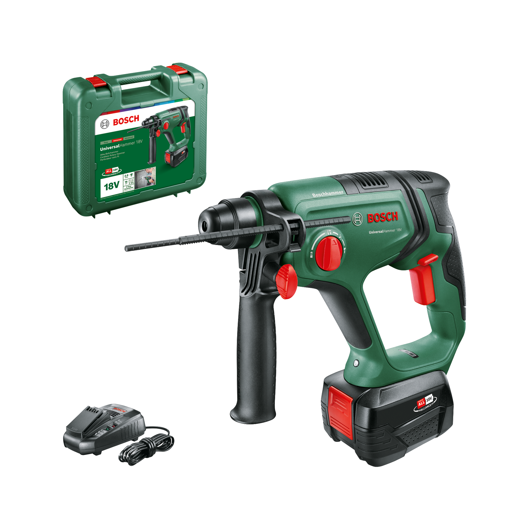 Bosch - Martillo Perforador a Batería - UniversalHammer 18V - 18V, 2,0 J , con 1 Batería 4Ah, Ø 16mm perforación en hormigón, Portabrocas SDS Plus y Maletín