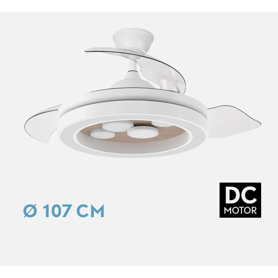 FABRILAMP PREMIUM Ventilador Dc Cupido 55w Blanco/haya 3asp.50/107d 4960l 3000-4500-6500k Regulable intensidad+remoto+memoria+temporizador 2H  APTO USO APP，Control de aire verano o invierno Incluye 2 tijas y mandos ABRILA calidad de confianza