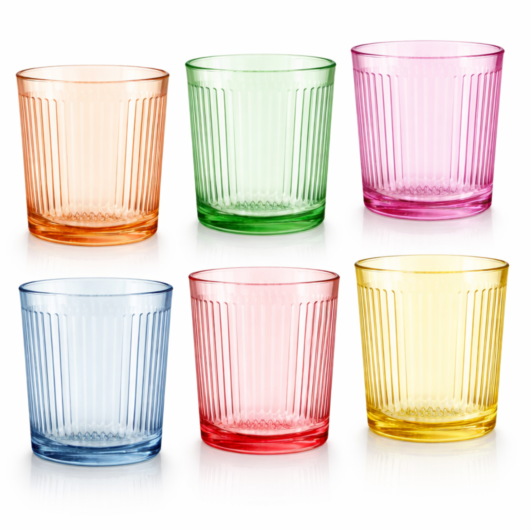 MundoTarros Set de 6 Vasos de Cristal Acanalados de Colores, 360 ml, Apilables, Aptos para Lavavajillas y Microondas, para Agua, Refrescos y Cócteles