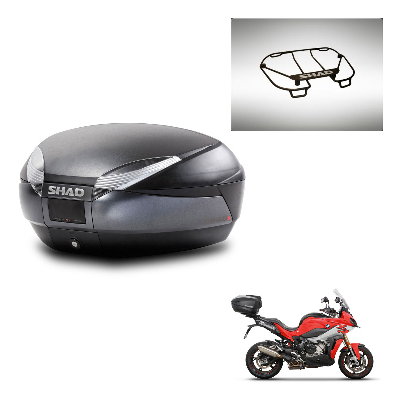 Baul Trasero + Parrilla Portabultos + Herraje Montaje Sh48 Dark Grey Premium KIT-245339