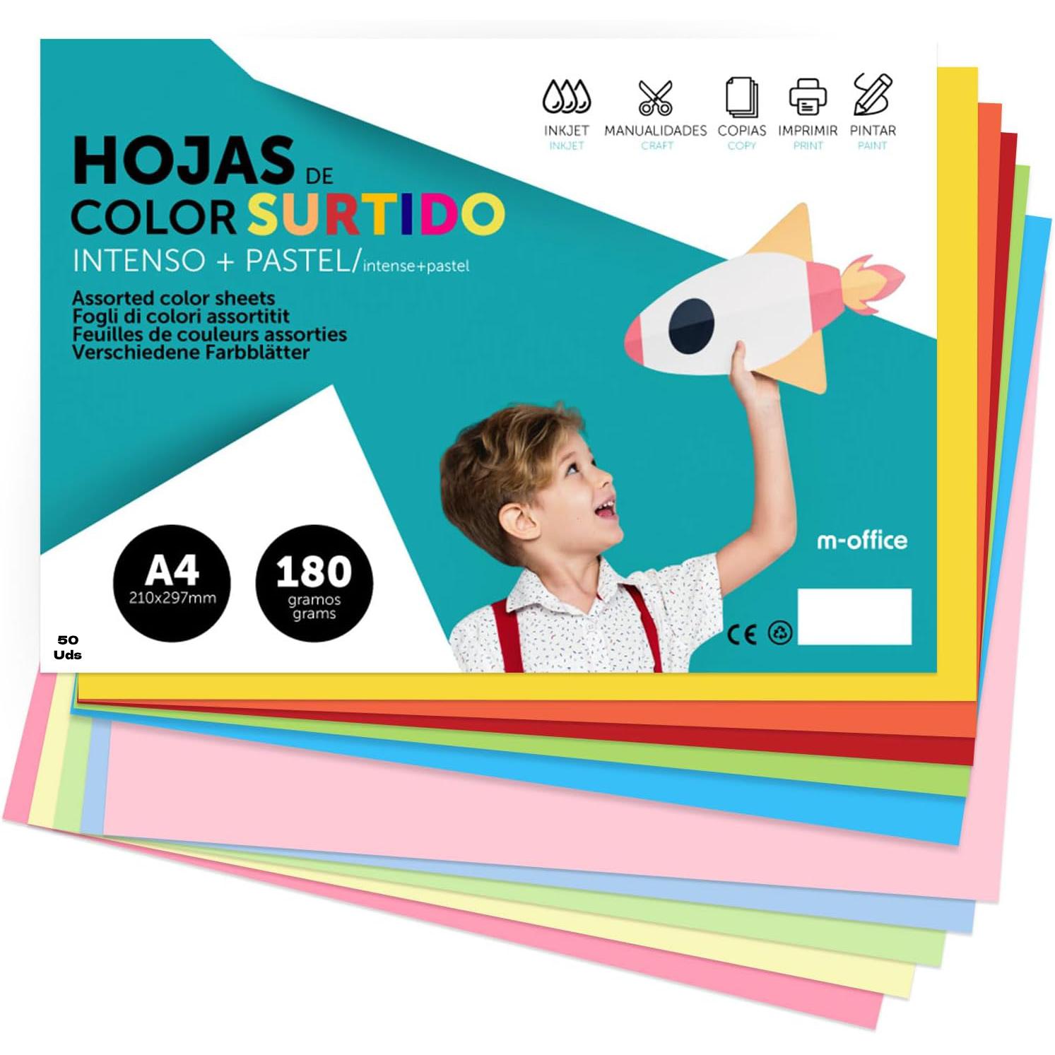 Cartulina de Colores, Cartulina A4 Colores Intensos, Hojas de Colores 180gr para Manualidades, Imprimir tus Documentos y Diseños Creativos, Folios de Colores A4 · m-office
