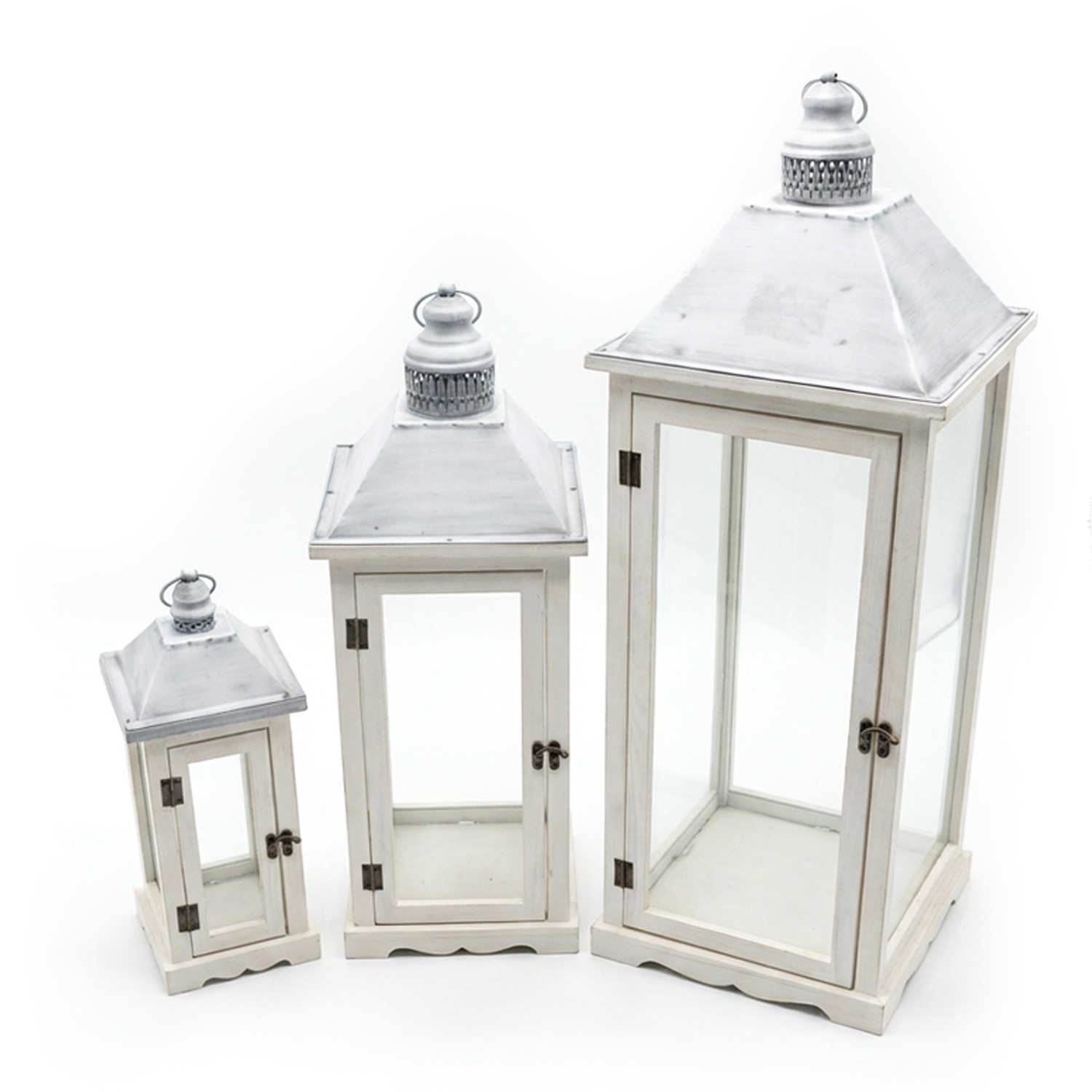 Set 3 faroles madera blanca parte superior de metal, color blanco, medidas 16x16x43 cm Fijalo