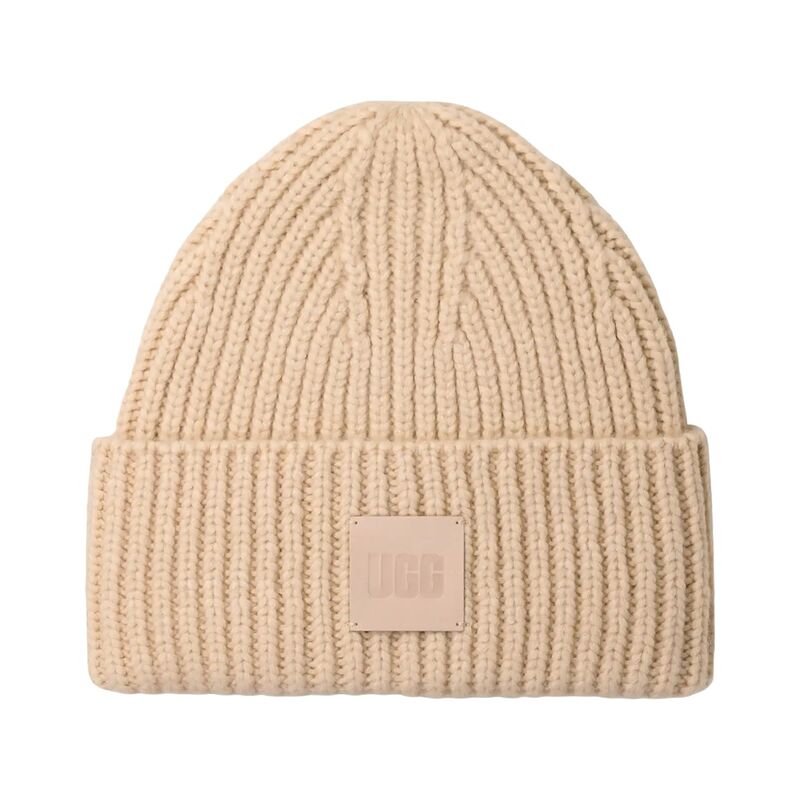 Gorro Beige UGG de Canalé Grueso Cream con Parche de Piel