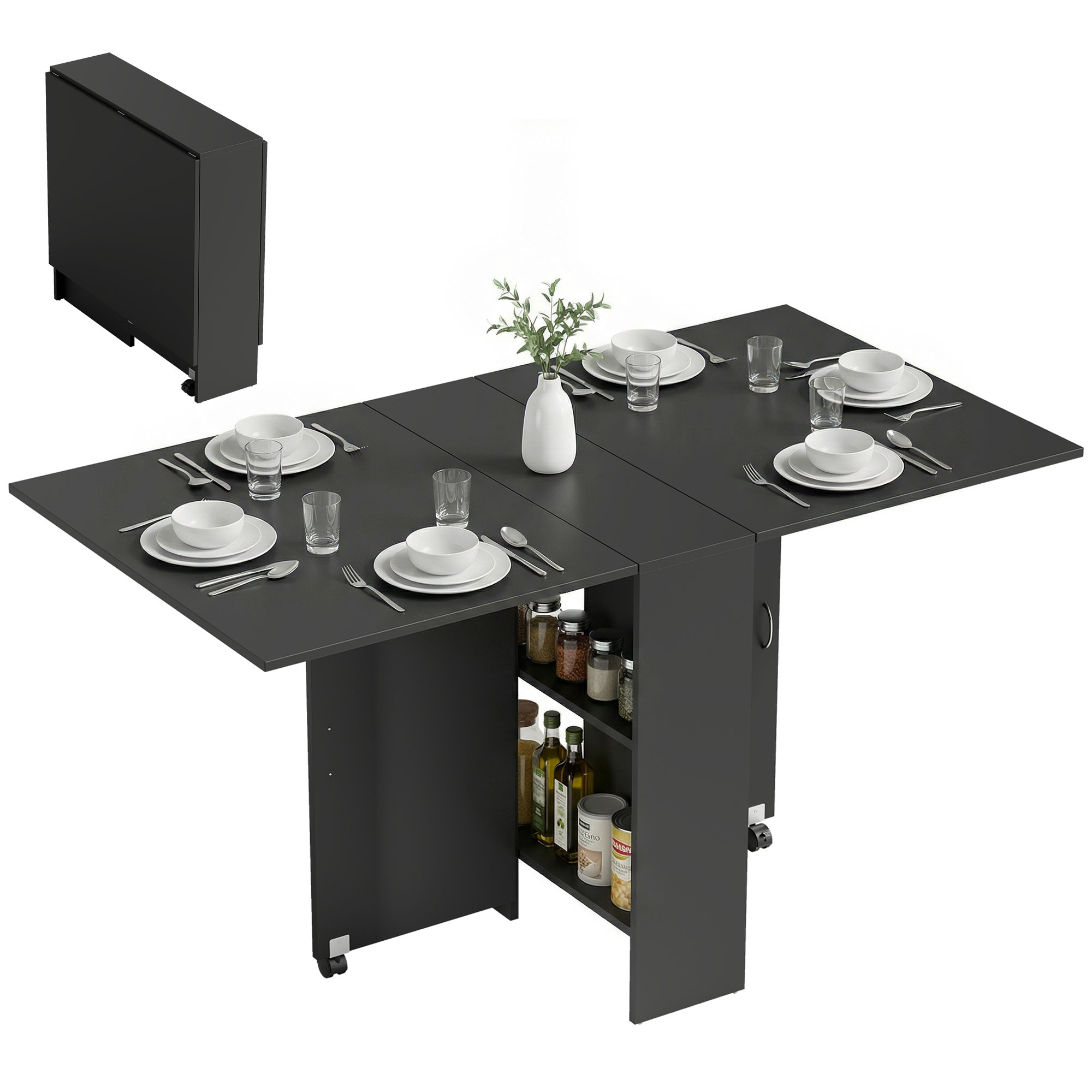 HOMCOM Mesa Plegable de Comedor Mesa de Cocina Plegable con Ruedas Alas Abatibles y Estantes para 4-6 Personas 75x140x74 cm Negro