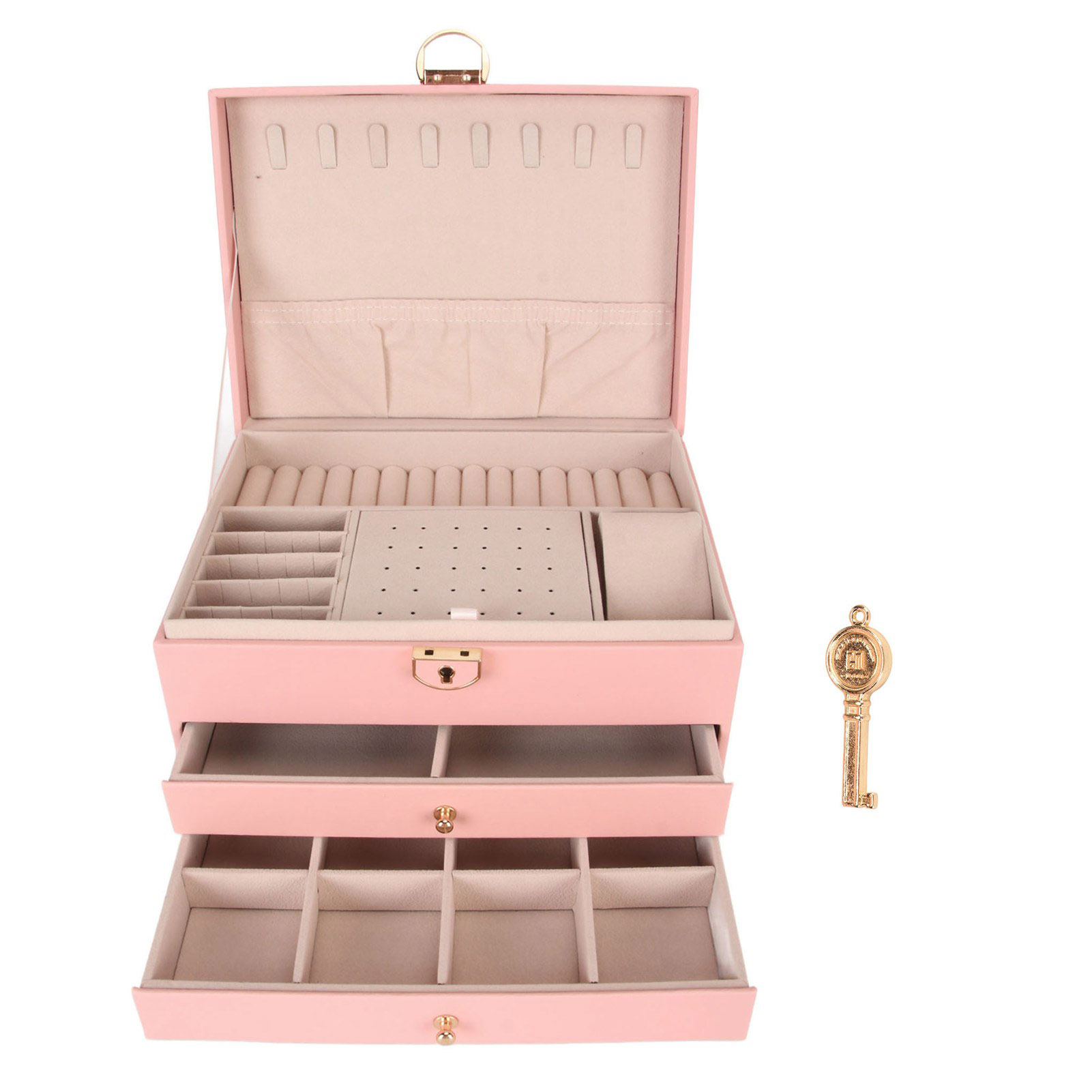 Joyero de Piel de color negro para mujer, organizador de joyas con 2 bolsos para collares y pulseras