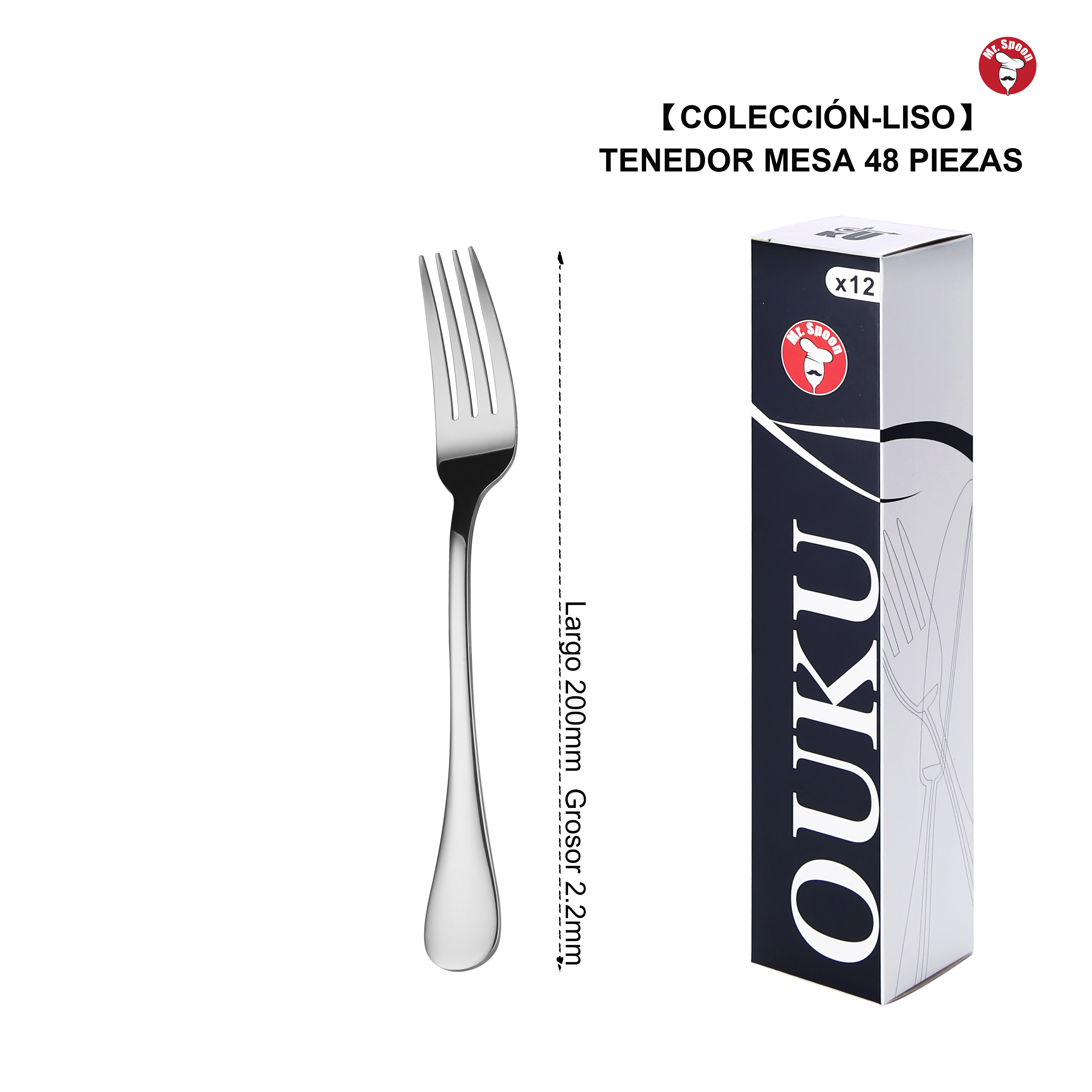 Mr.Spoon Serie Liso Tenedores de 12, 48 o 120 piezas,Acero inox18/0,Económico y funcional,Tenedor mesa 200mm,tenedor fruta 175mm,tenedor postre y aperitivo 150mm/135mm,Mango monobloque,Apto para lavavajillas,Empaque ecológico,Para casa,hotel,restaurante