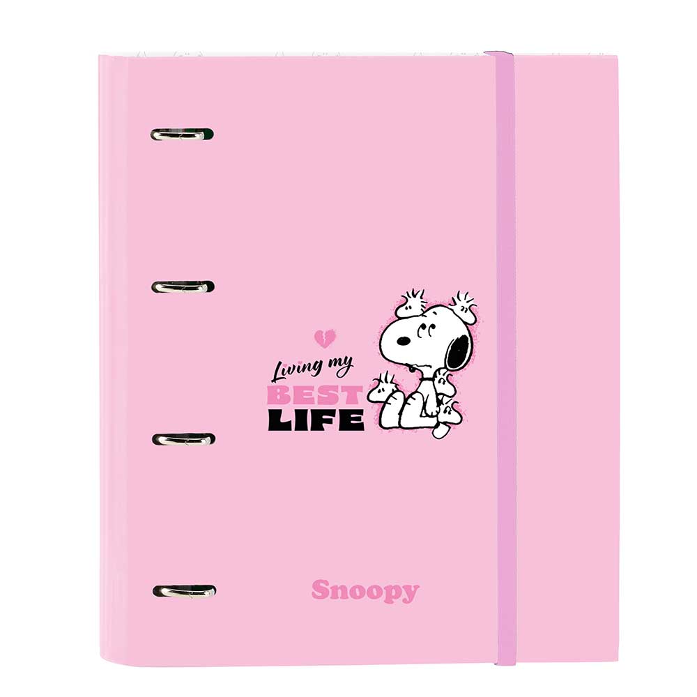 SAFTA | Carpeta Folio Snoopy 4 Anillas Mixtas 25 mm, Tapas Duras Forradas, Archivador Escolar Resistente para Vuelta al Cole, Diseño Azul con Snoopy y Corazones, Licencia Oficial