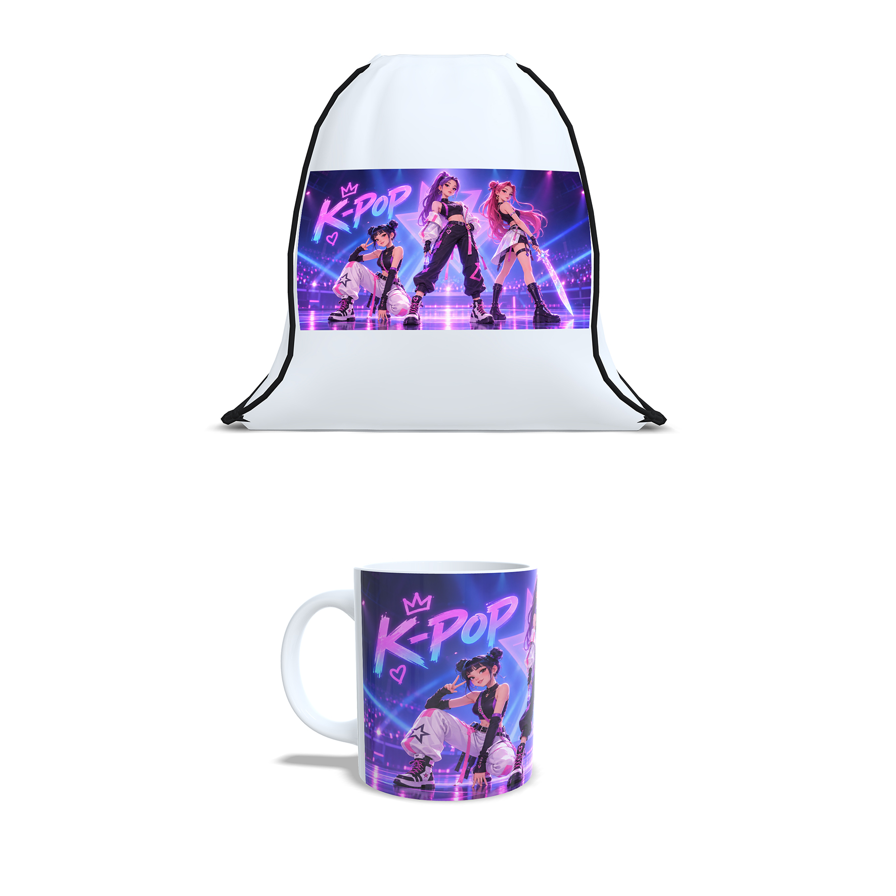 Pack K-Pop Infantil – Mochila de Cuerdas, Taza y Botella Personalizadas, Regalo para Niñas y Jóvenes.Conecta+y+compra