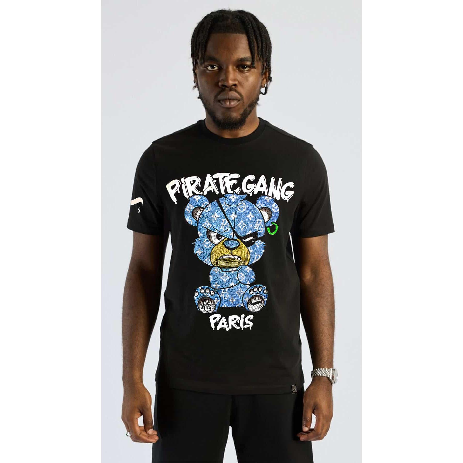 Camiseta Slim Fit Pirate Gang París Negra Pedrería Brillante Oso Azul