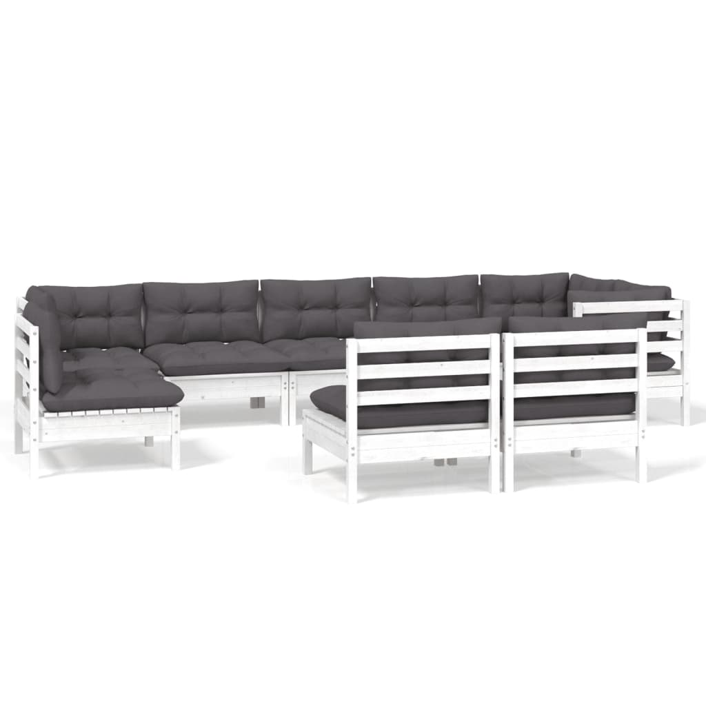 vidaXL Muebles de jardín 9 pzas y cojines blanco madera maciza de pino