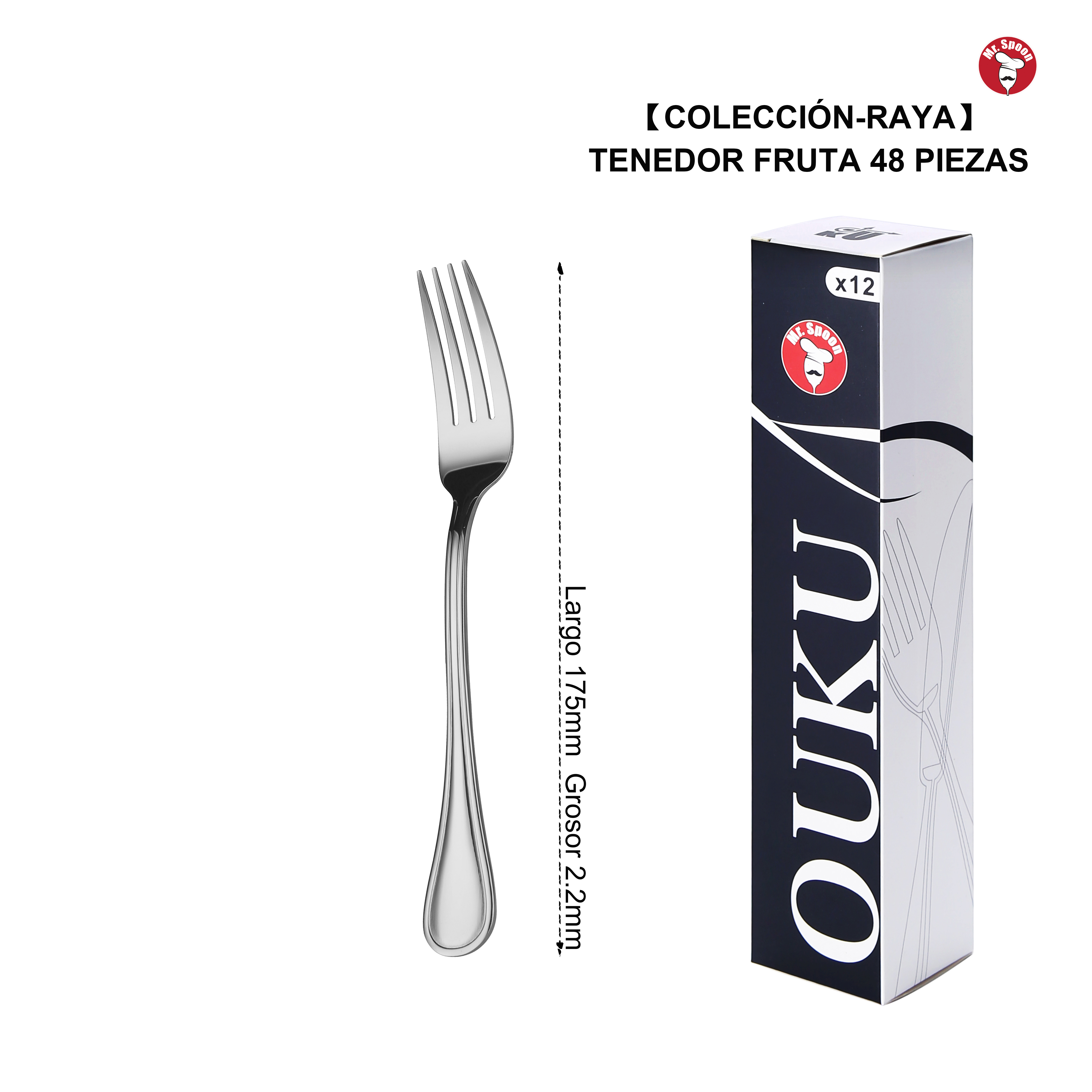 Mr.Spoon Serie Raya Tenedores de 12, 48 o 120 piezas, Acero inox18/0,Económico y funcional,Tenedor mesa 200mm,tenedor fruta 175mm,tenedor postre y aperitivo 150mm/135mm,Mango monobloque,Apto para lavavajillas,Empaque ecológico,Para casa,hotel,restaurante