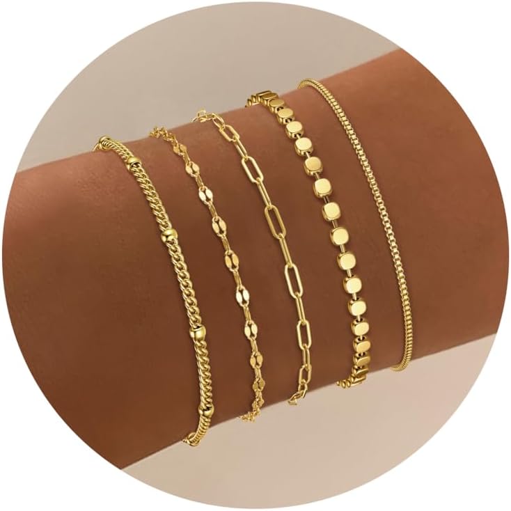 5 Piezas Set de Pulseras Mujer Gold Plata, Pulsera Maple Inoxidable Dorado Mujer, Pulseras de Cadena Mujer Gold, Ajustable Figaro Serpiente para Mujer Regalo