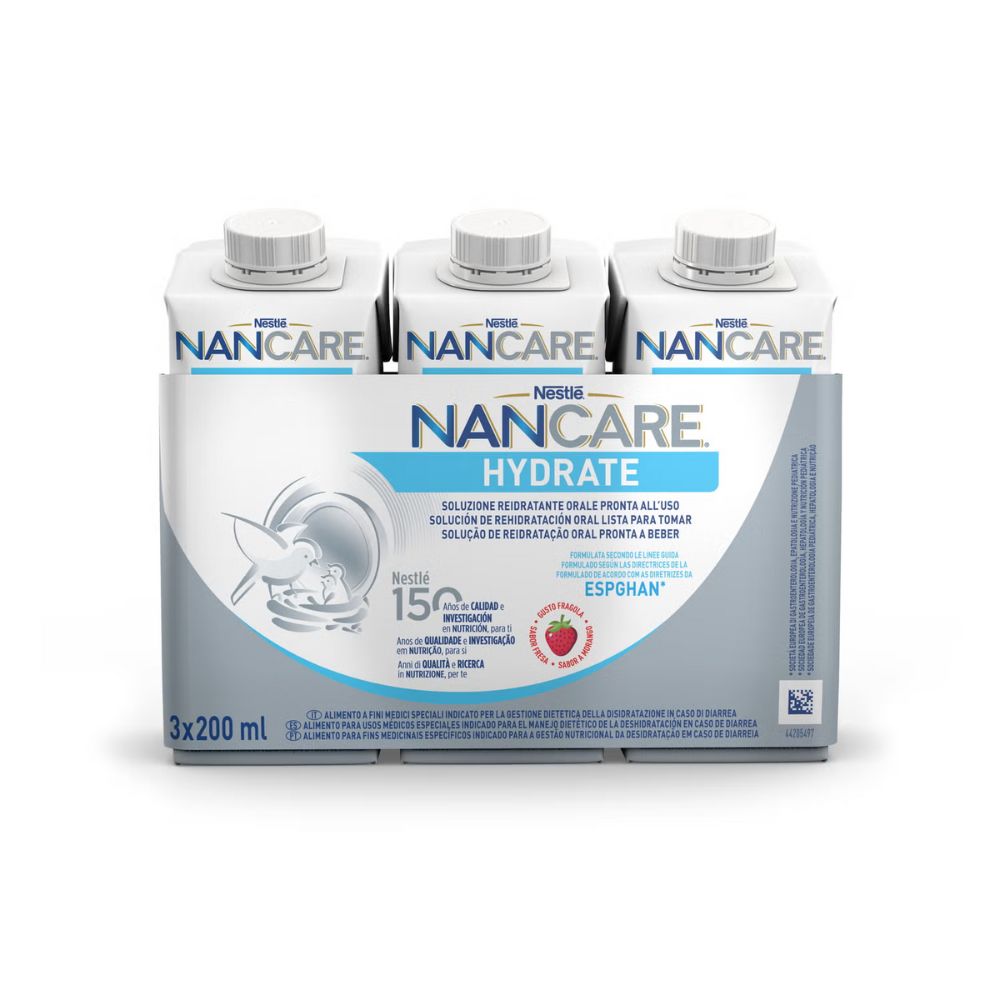 Nestle Nancare Hydratate Suero Oral 3x200 ml - Rehidratación Oral Niños - Sabor Fresa