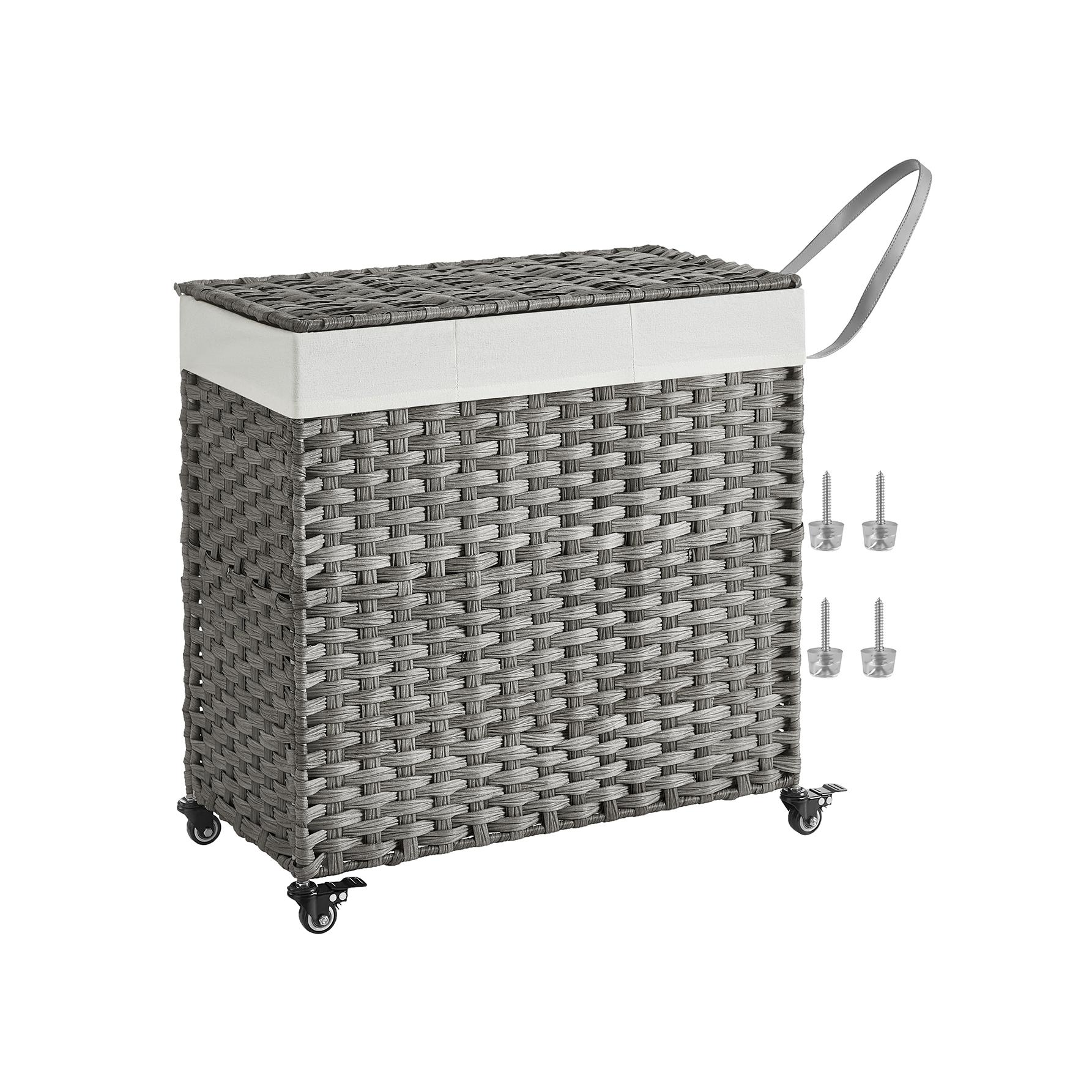 SONGMICS Cesto Ropa Sucia con Tapa, 140 L/160L, Cesta Colada Estilo Ratán con Ruedas, con 3 Compartimentos, Bolsa Interior Extraíble, para Lavandería, Dormitorio, Gris