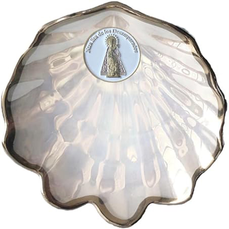 DOCOLASTRA - Concha de bautismo de la virgen de los Desamparados en Cristal Nacarado. Opción de y Pañuelo de Bautizo (CRISTAL CON FILO Y TRASERA DE PLATA PERSONALIZADA)