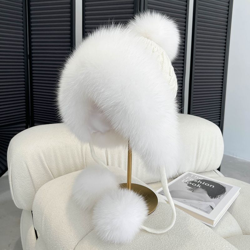Gorro de piel sintética de invierno para mujer con pompones y orejeras, gorro de esquí