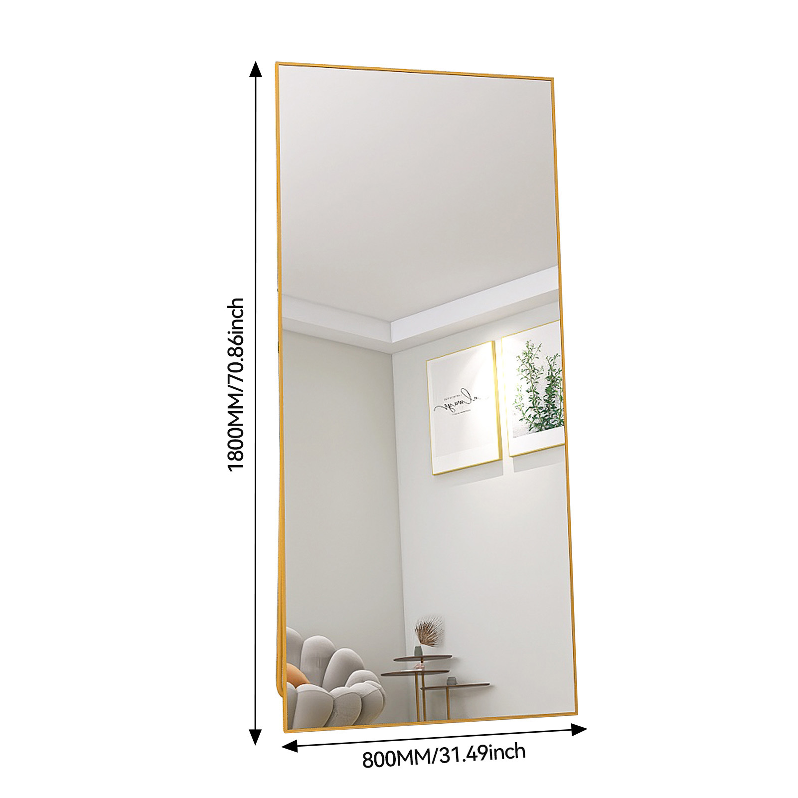 Superaly - 180 x 80 cm Espejo de cuerpo entero con rectángulo dorado de, espejo de pie, para colgar o apoyar en la pared, espejo de cuerpo entero de suelo a techo, espejo de pie con soporte para dormitorio, sala de estar o vestidor
