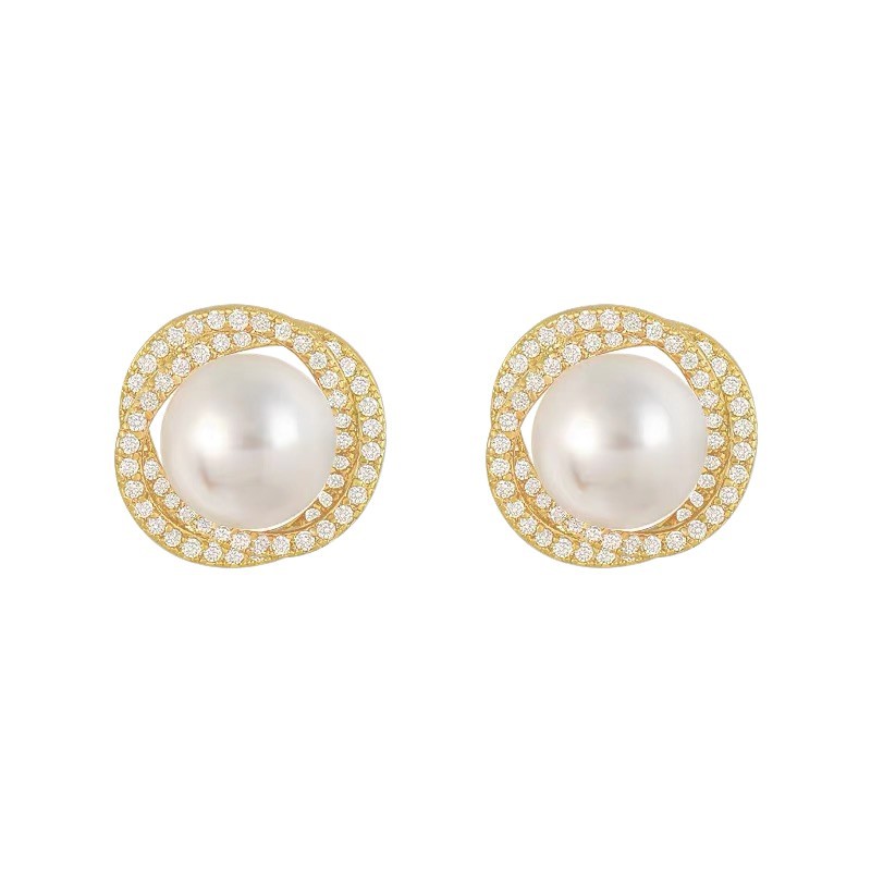 Pendientes para mujer, Pendientes de perla para mujer, Pendientes redondos de perla metálica, Pendientes hipoalergénicos, Pendientes de perla en espiral