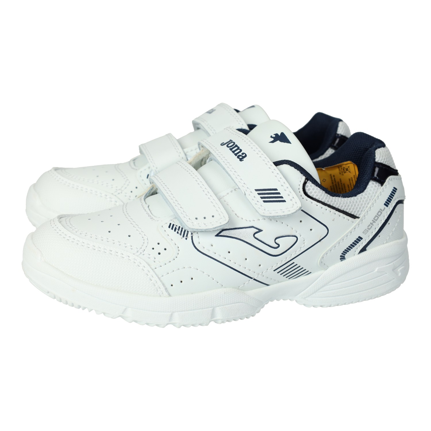 Deportivos marca JOMA para niño en color blanco-marino. Deportivas Joma blancas con azul para niños, cierre de cinta textil adhesiva y plantilla de piel, ideales para llevar al cole a diario