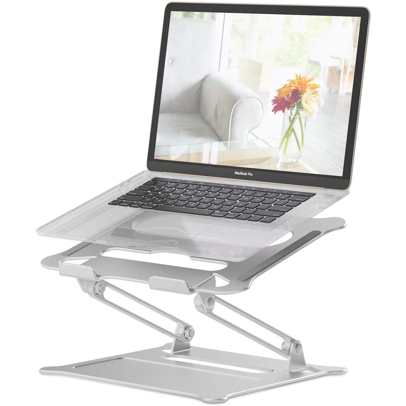 Elevator para Portatil, Atril para Laptop, Soporte de aluminio plegable y fijo para ordenador portátil, soporte portatil aluminio plegable, altura ajustable, ergonómico, Con ventilacion de calor para Macbook Pro/air de 11/13/14/15.6/17 pulgadas