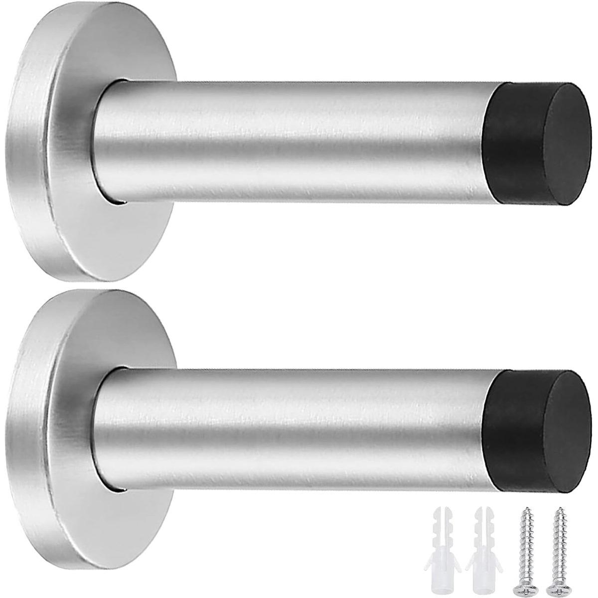 Tope de puerta - tope para manija de puerta - topes de puerta de pared - Acero inoxidable robusto - amortiguador de goma - tornillos - anclajes - para uso en interiores - para protección de pared - 2 piezas - plateado