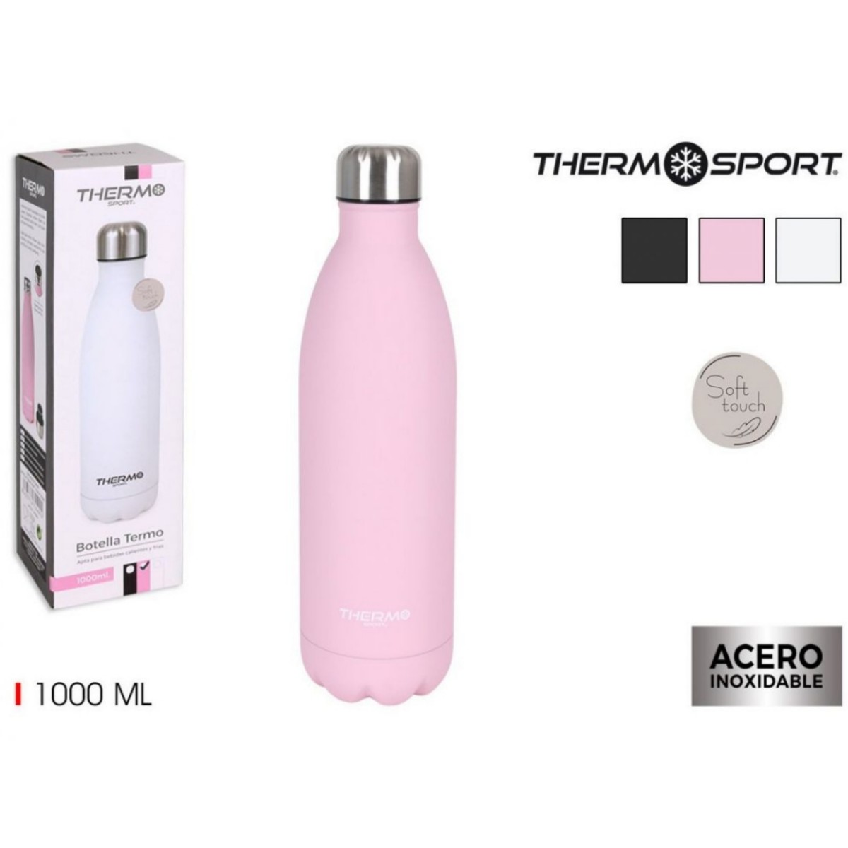 ZYLX SHOPPING – Botella Termo Soft Touch ThermoSport | 350 ml / 500 ml / 750 ml / 1000 ml | Acero Inoxidable | Negro, Blanco o Rosa