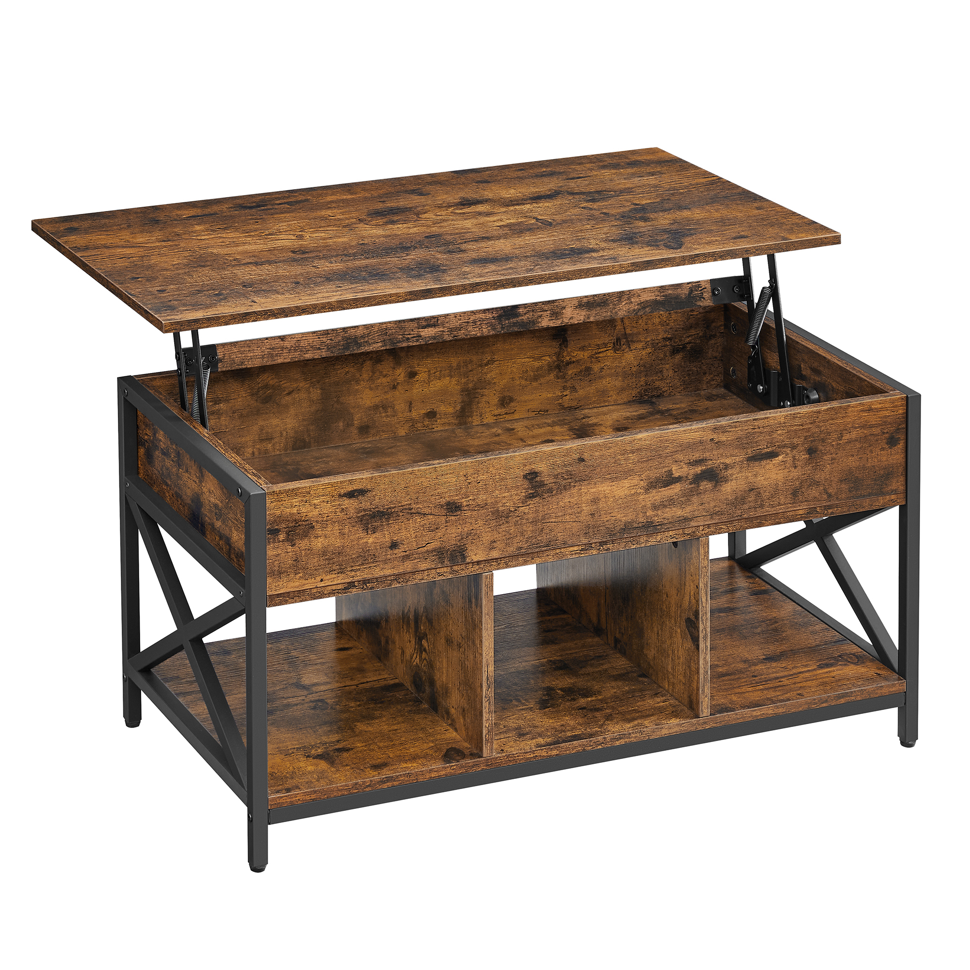 VASAGLE Mesa de Centro con Tablero Elevable, Mesa de Café, Compartimento Oculto y Compartimentos Abiertos, Marco de Acero, 50 x 100 x (46,5-62) cm, Marrón Rústico y Negro/Marrón Camello y Negro
