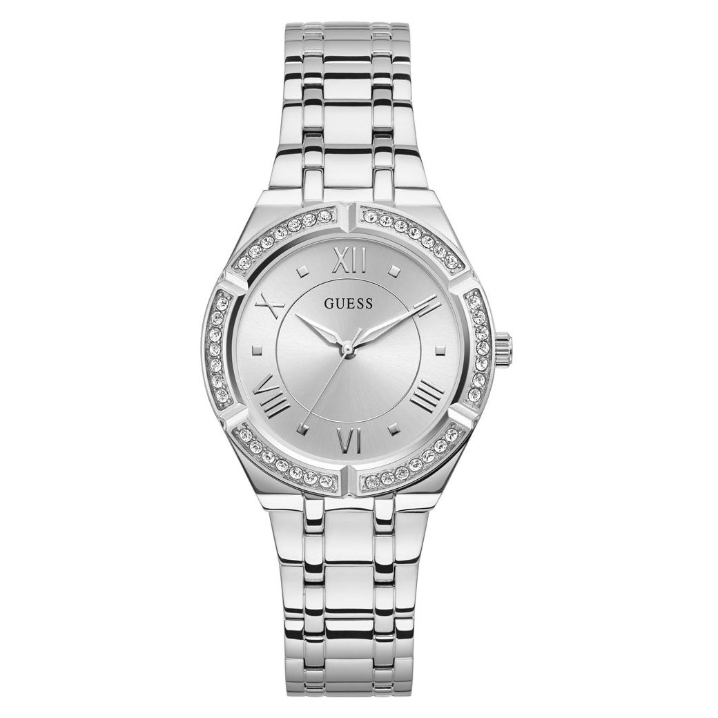GUESS - Reloj COSMO GW0033L para mujer con esfera blanca y detalles plateados, correa y caja de acero inoxidable, movimiento de cuarzo y cristal mineral, ideal para uso diario y ocasiones formales