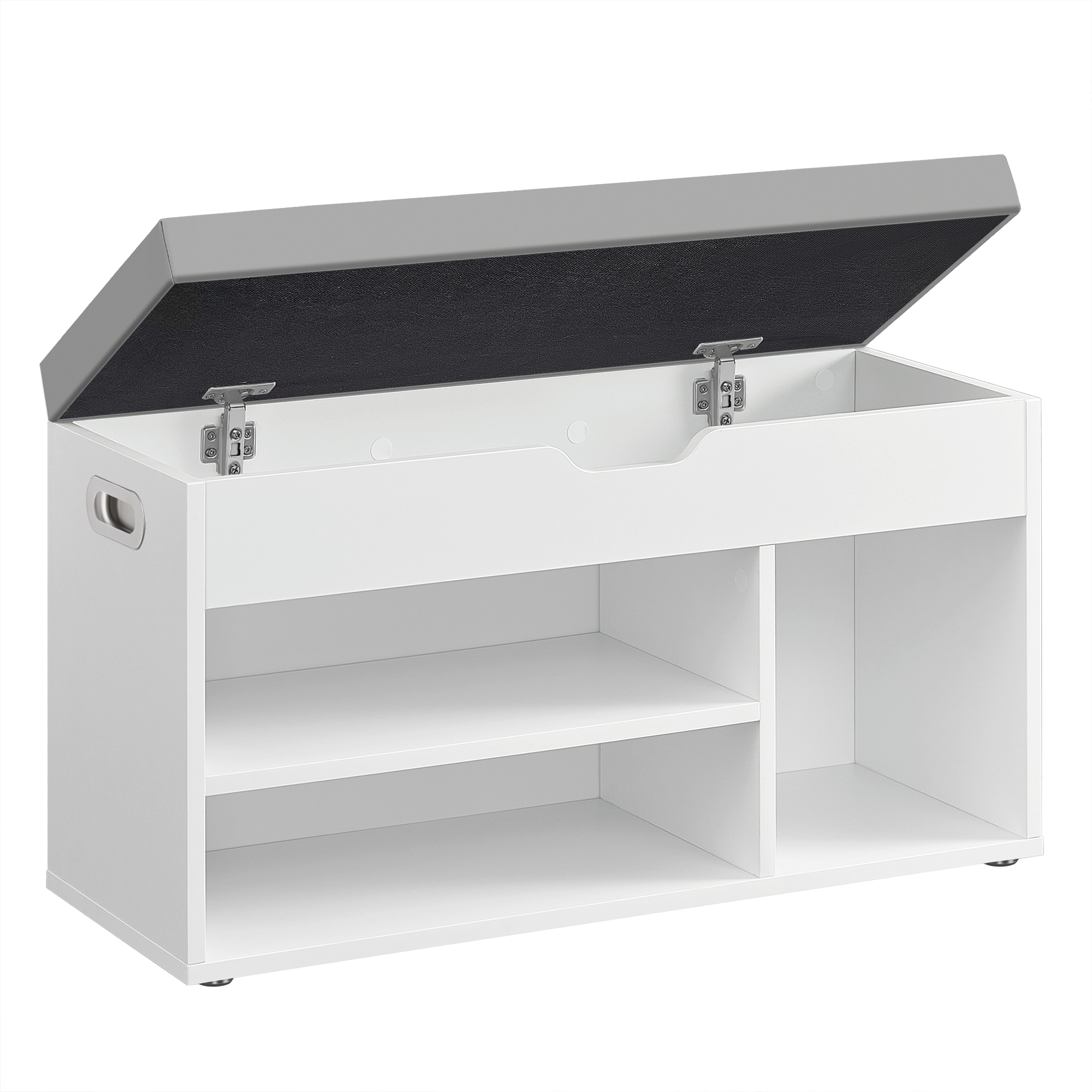 VASAGLE Banco Zapatero con Cojín, Banco de Almacenamiento, 3 Compartimentos, Almacenamiento Oculto, Estantes, para Sala de Estar, Pasillo, Dormitorio, Carga de 150 kg, Negro Ébano/Beige Natura/Blanco Nube y Gris Paloma