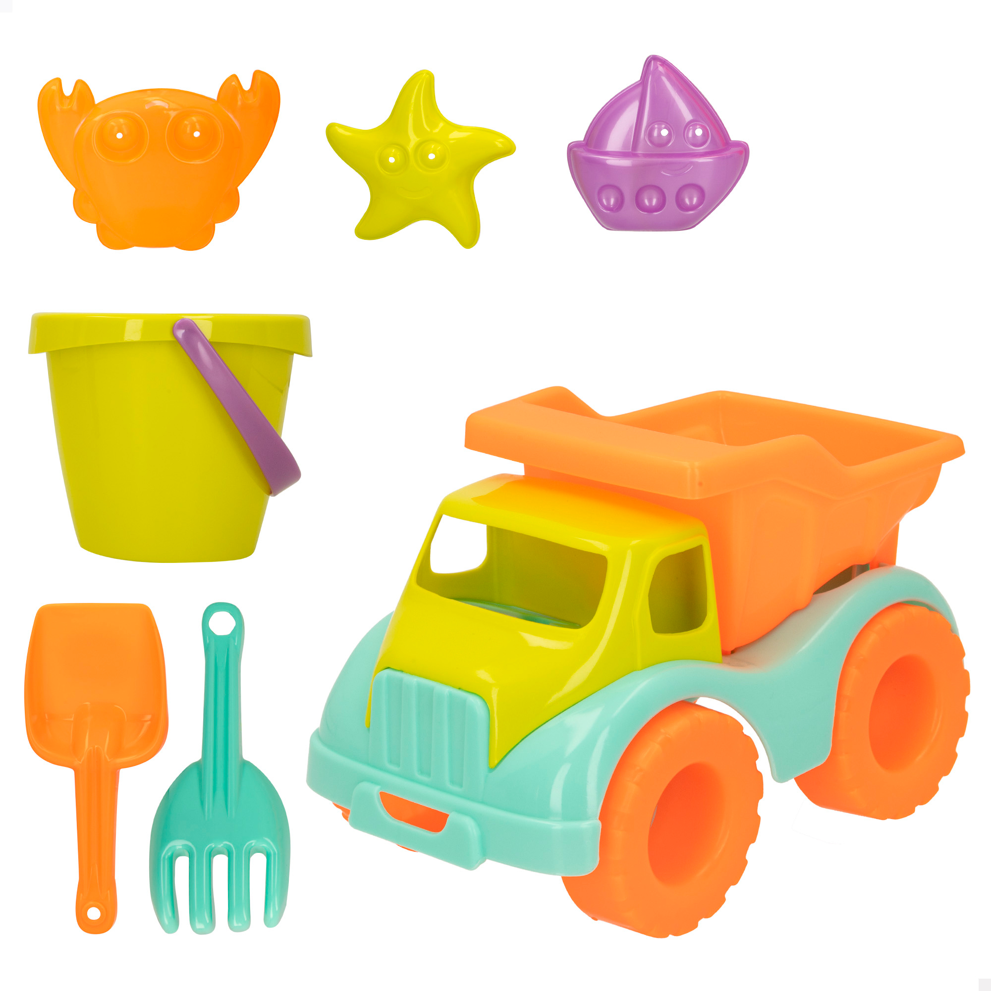 COLORBABY - Set de playa infantil con camión volquete 30 cm, pala, rastrillo, cubo y moldes, juguete de arena para niños a partir de +18 meses, juegos para verano, juguetes para la arena