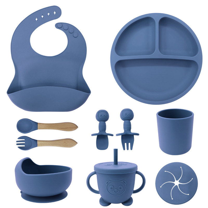 Vajilla de Bebé Silicona, 10 piezas de Vajilla Infantil, Cuadertos con Plato Sucker, Plato Bebe Ventosa,Tenedor con Mango De Madera, ,Bebe de silicona, Babero Set vajilla silicona Bebe