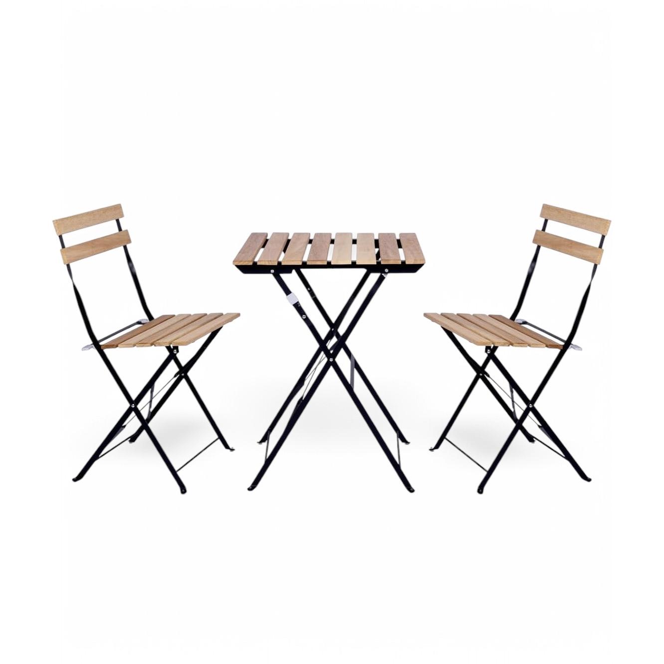 ORION91® - Silla de comedor juego 3 piezas balcón plegable 1 mesa (72 x 55 x 55 cm) 2 sillas (82 x 44 x 39 cm) estructura acero acabado negro madera, soporta hasta 66 kg - spaziOrion91