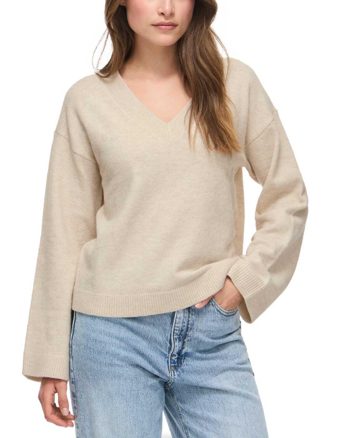 Jersey Vila Liga beige de punto cuello pico para mujer