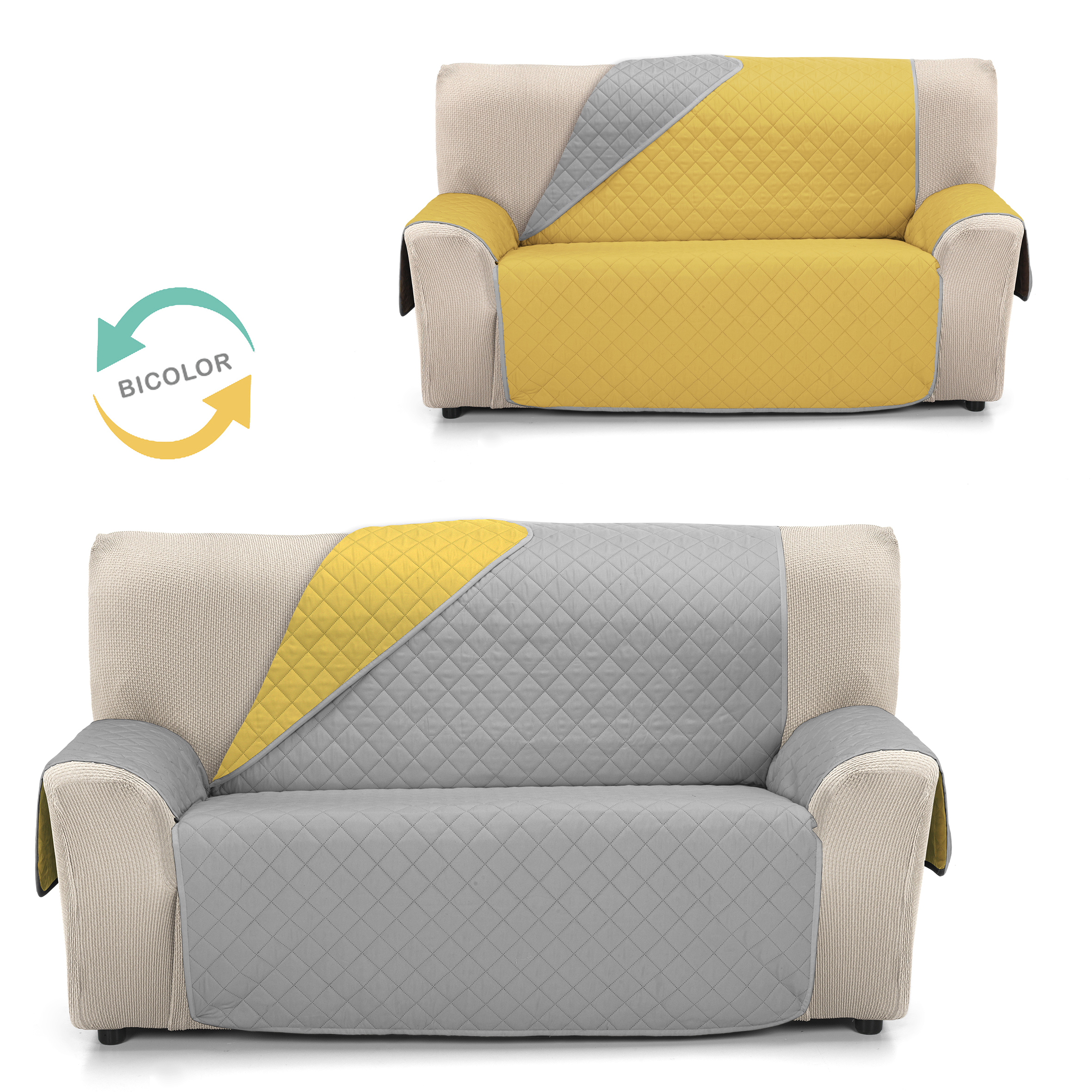 Cubre Sofá Reversible JOYA de Valentia Home | Acolchado | Protección Completa | Ajuste Perfecto | Protector funda sofá | Funda Sofá para Inviero y Verano