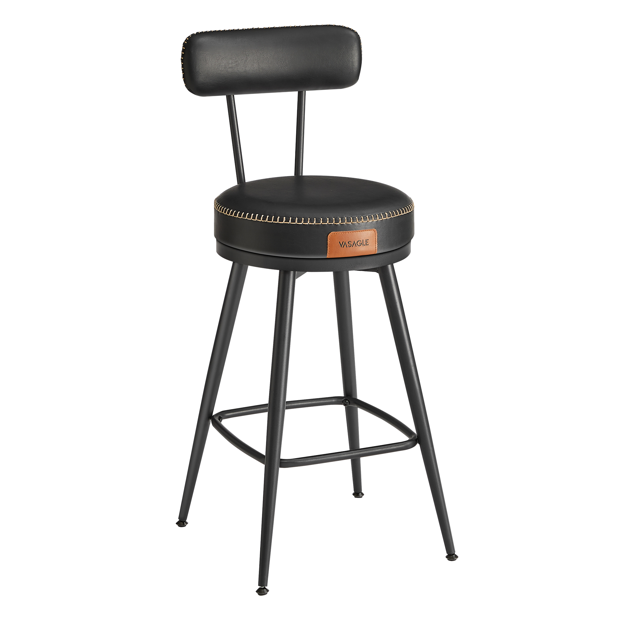 VASAGLE EKHO Colección - Juego de 2 Taburetes de Bar, Sillas Giratorias de Barra con Respaldo, Cuero Sintético con Costuras, Moderno Siglo Medio, Altura 65 cm, Barra Cocina, Negro Tinta /Verde Bosque/Marrón Caramelo