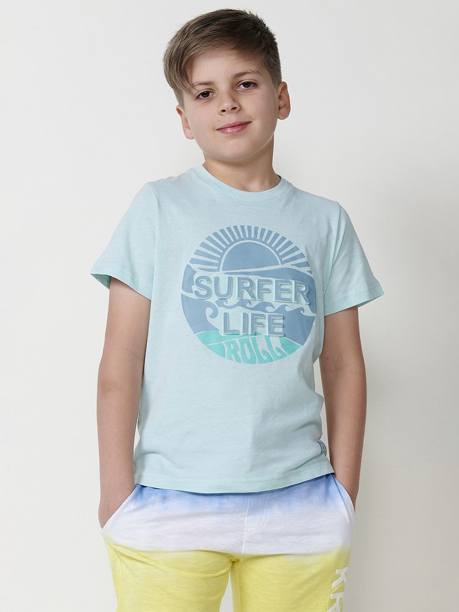 Koroshi - Camiseta niño manga corta con letras en relieve verde agua, 95% algodón y 5% elastano, suave y cómoda para colegio y juego diario