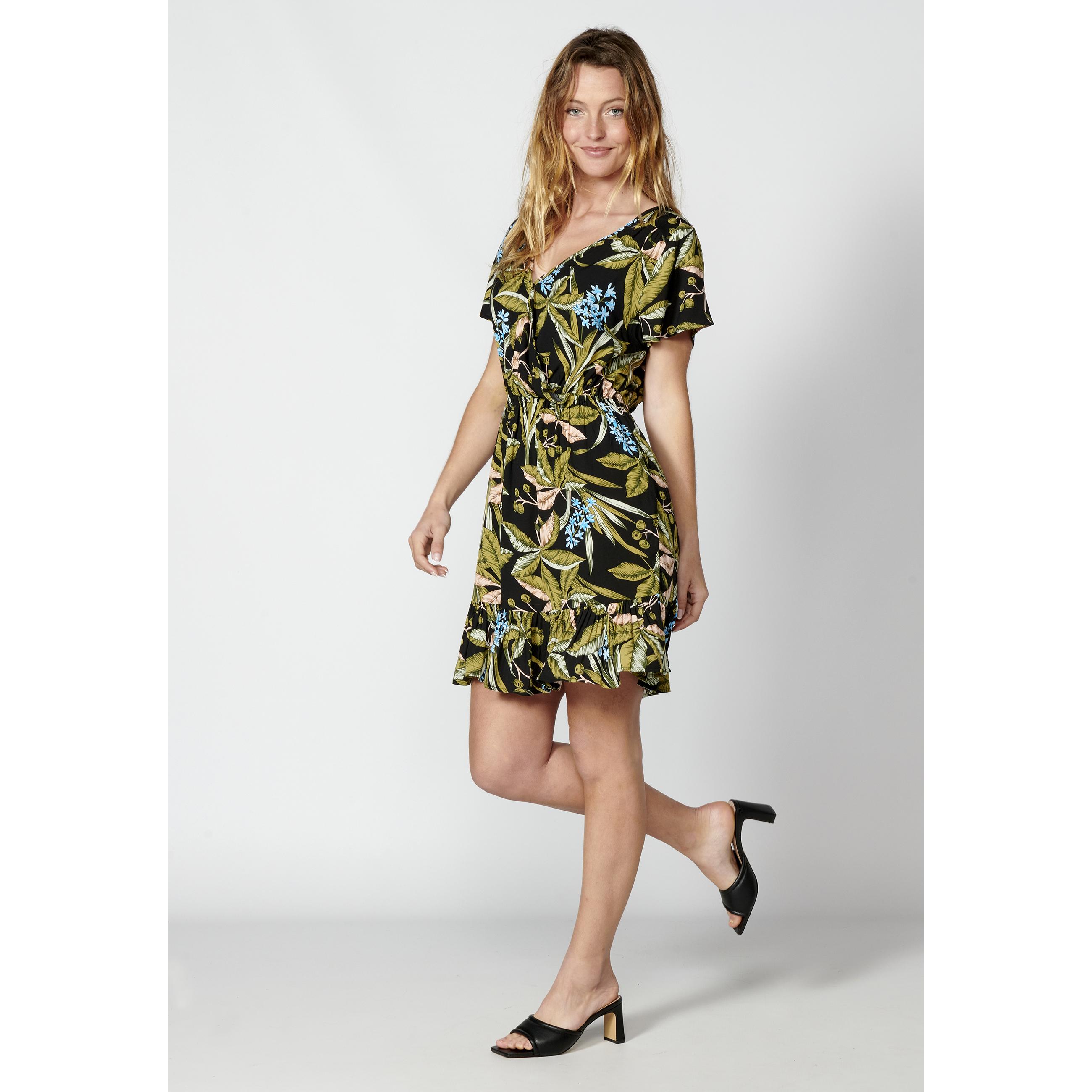 Koroshi - Vestido corto floral con volante y manga corta para verano urbano, de poliéster ligero, referencia 2312VS35