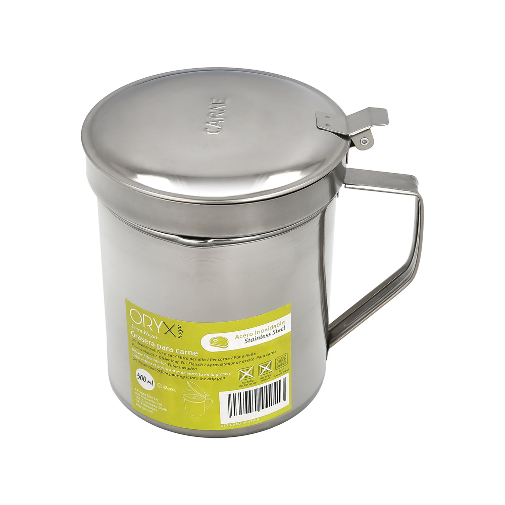 Grasera de Acero Inoxidable con Colador Filtro y Tapa 0,5 L y 1,0 L | Recipiente para Reciclar y Filtrar Aceite Usado de Carne y Pescado | Antigoteo con Asa Ergonómica | Apta para Lavavajillas